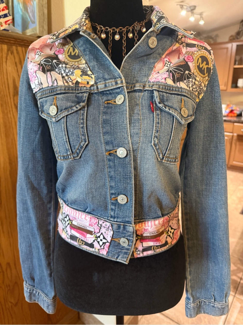 Levi's Blue Denim Jacket with Pink and Gold Graphic Panels